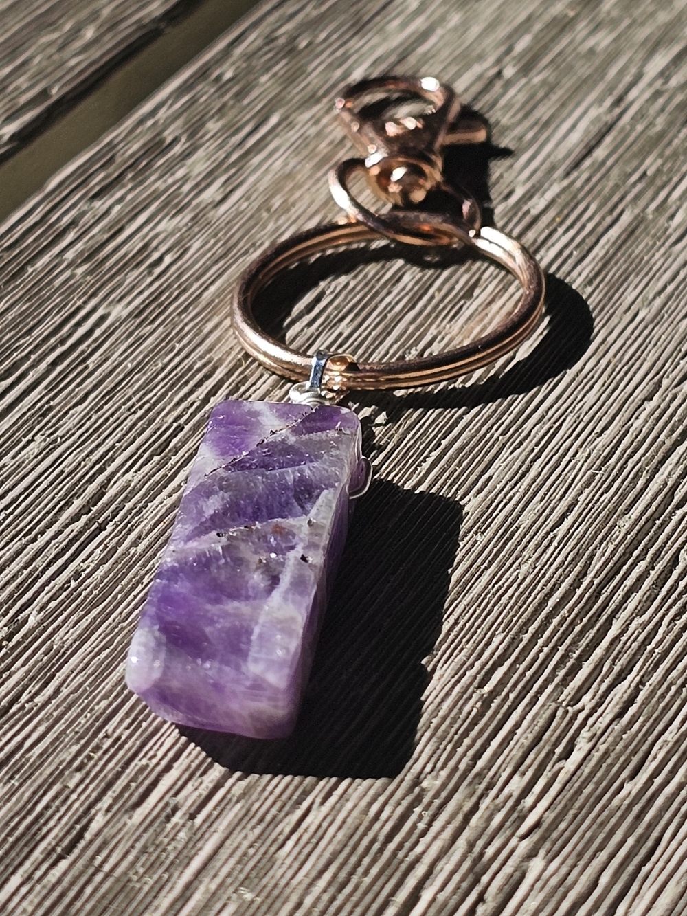 Amethyst Rectangle Pendant Keyring - Purple Stone Charm